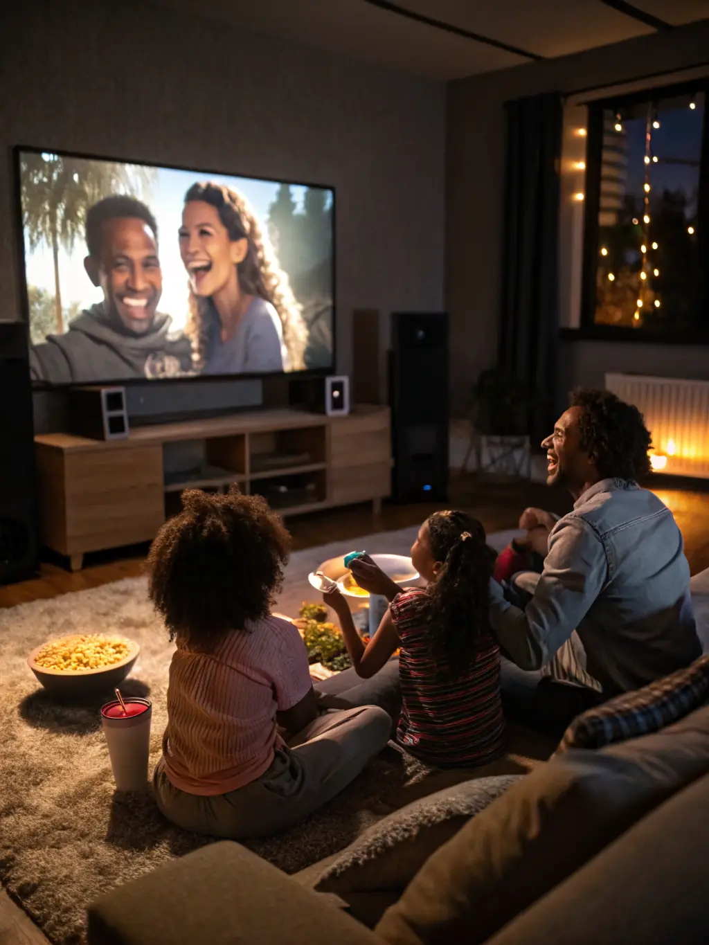 A state-of-the-art home theater with integrated surround sound, smart lighting, and automated screen, demonstrating Wavelength Integration's expertise in entertainment systems.