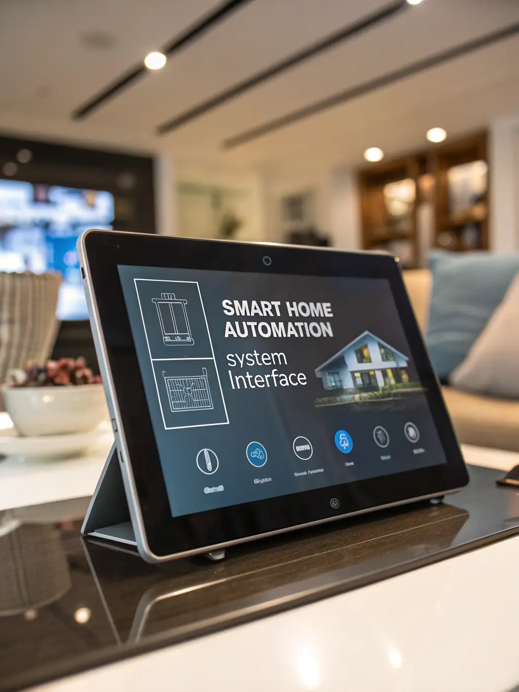 A smart home security system interface on a tablet, showing live camera feeds, door lock status, and alarm settings.