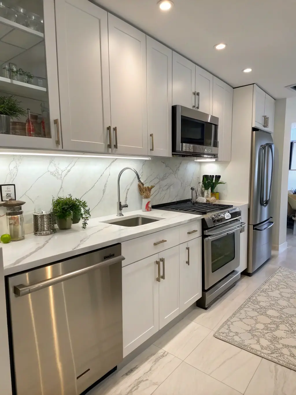 A modern kitchen featuring smart lighting, automated blinds, and a sleek control panel, showcasing Wavelength Integration's smart home automation service.