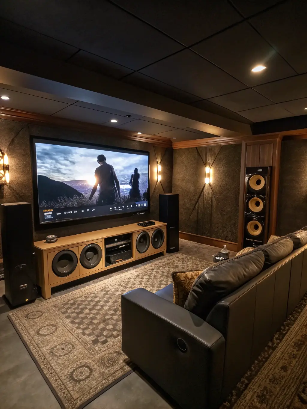 A luxurious home theater with automated lighting, sound system, and a large screen displaying a movie, all controlled by a smart remote.
