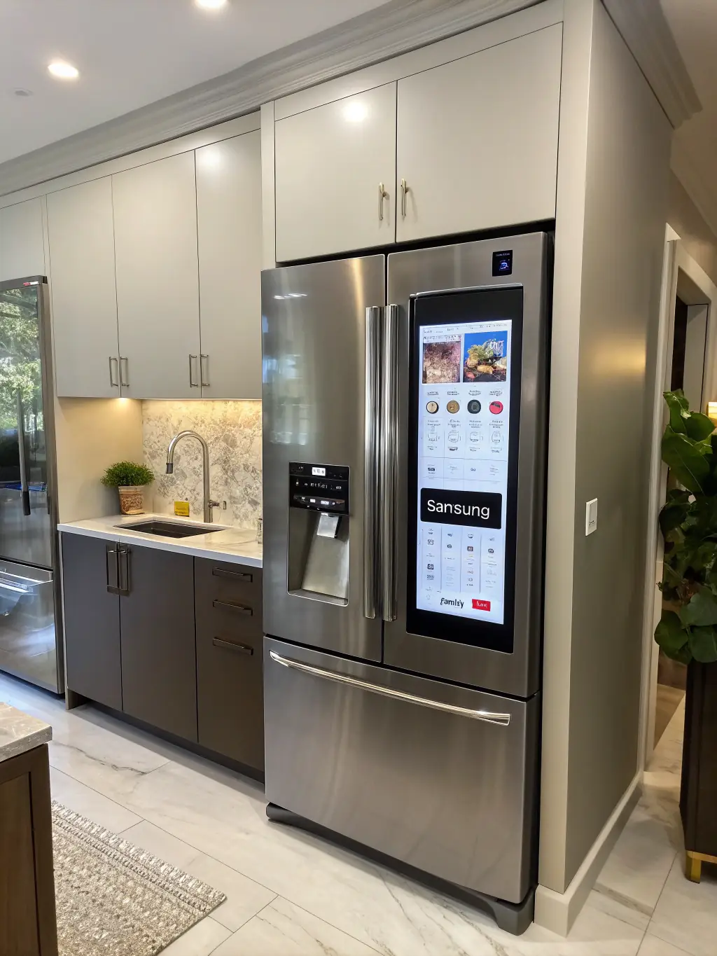 A modern kitchen featuring smart appliances, voice-controlled lighting, and a sleek central hub displaying energy usage and automation options.