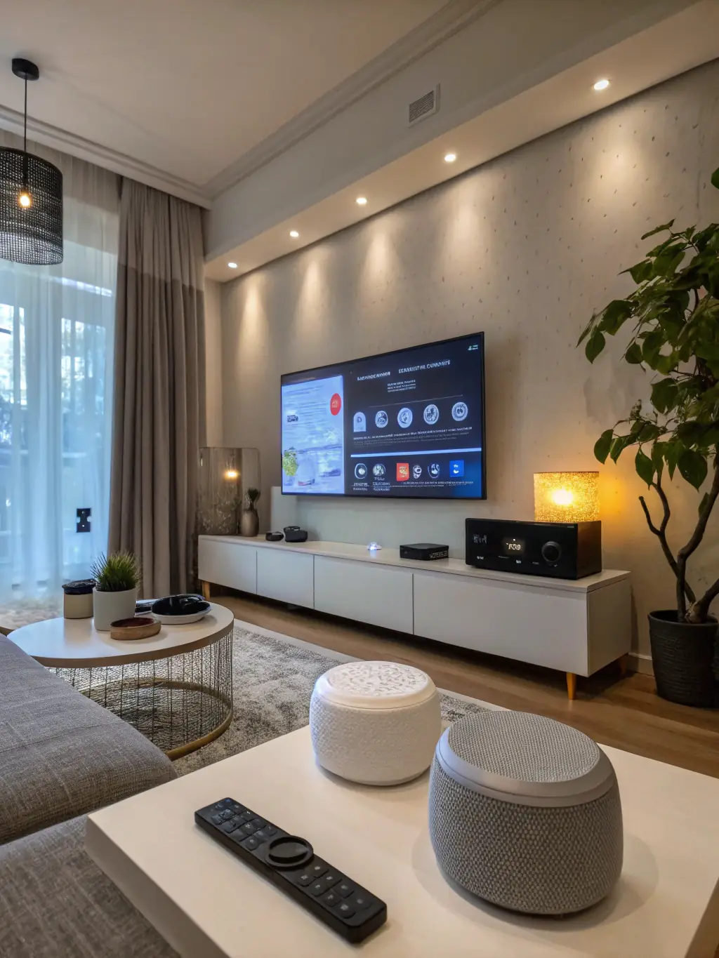 A smart thermostat controlling the temperature in a living room, showcasing Wavelength Integration's climate control solutions.