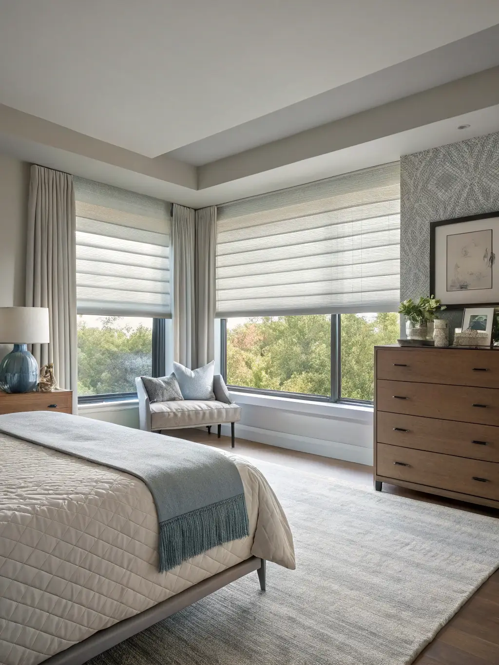 A bedroom with automated blinds, smart lighting adjusting to the time of day, and a smart thermostat displaying the current temperature.
