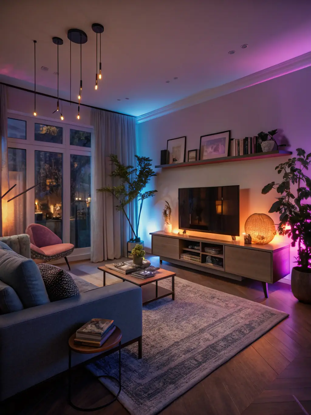 A modern living room showcasing integrated smart lighting, with soft, adjustable ambient light enhancing the room's atmosphere, highlighting Wavelength Integration's smart lighting solutions.