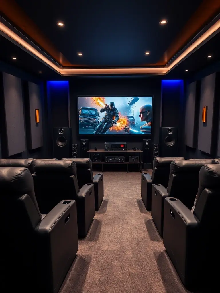 A state-of-the-art home theater system with high-end audio and video equipment, demonstrating Wavelength Integration's expertise in creating immersive entertainment experiences.