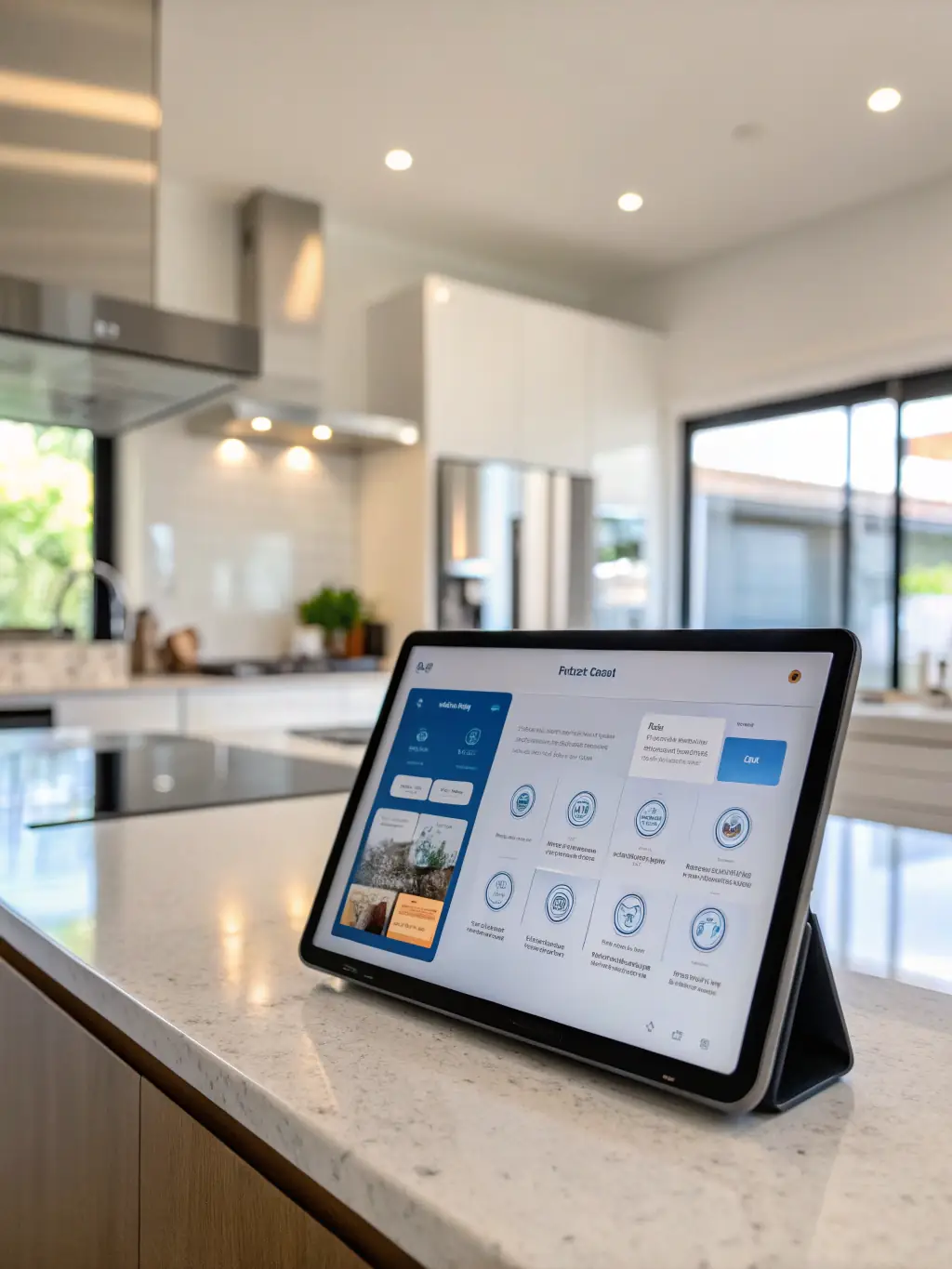 A smart thermostat interface on a tablet, displaying energy usage statistics and remote control options, illustrating Wavelength Integration's smart climate control capabilities.